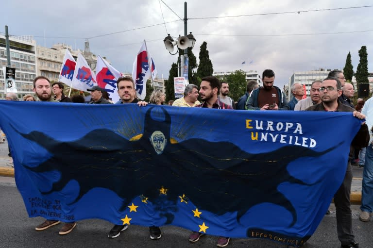 Union workers and pensioners demonstrate against new reforms in the labour sector outside of the Greek Parliament in Athens on October 17, 2016