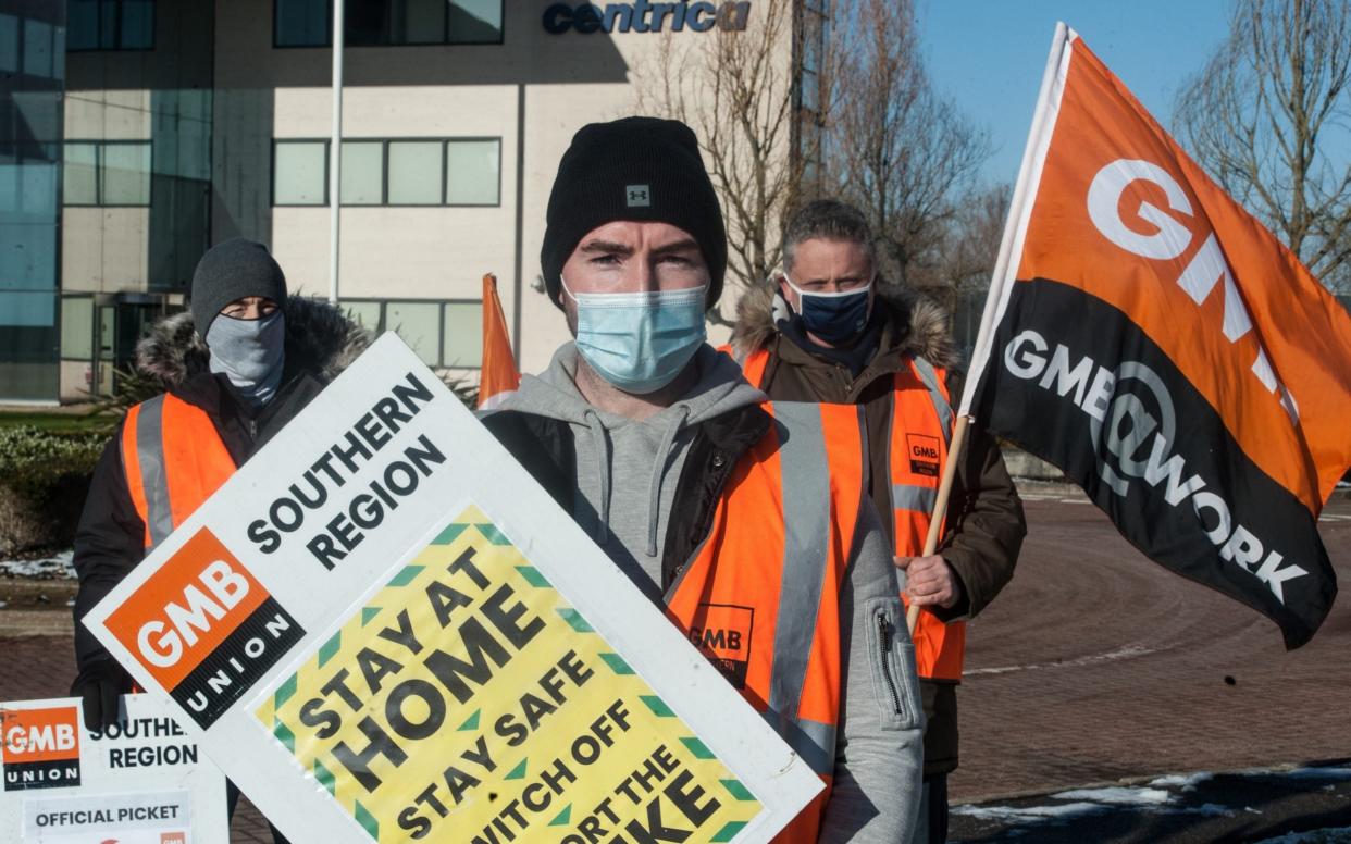 Striking British Gas engineers picket the offices of CENTRICA - Getty