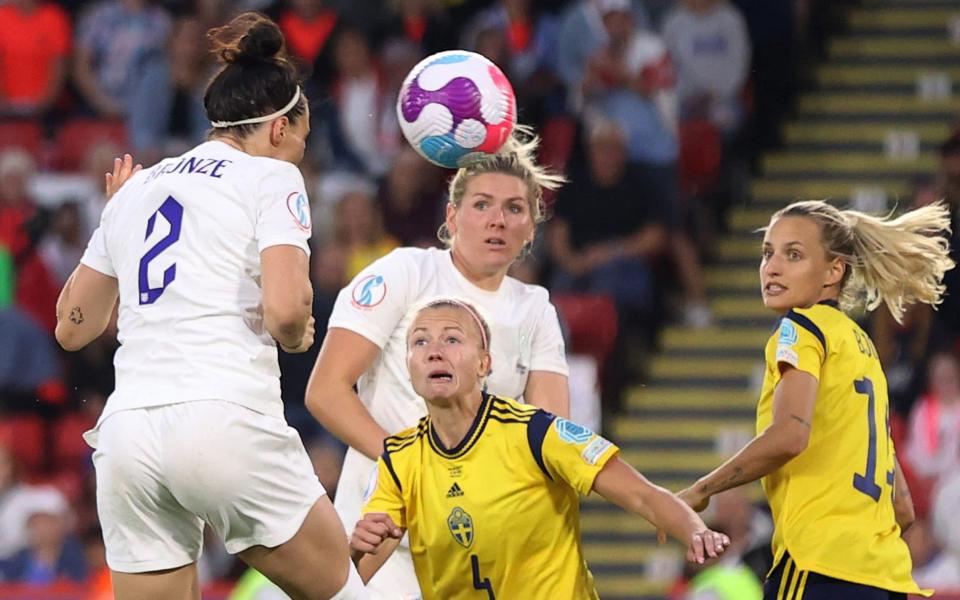 Lucy Bronze scores their side's second goal during the UEFA Women's Euro 2022 Semi Final match - Getty Images