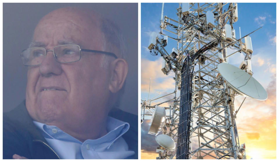 Amancio Ortega, fundador de Zara, y una torre de telecomunicaciones 5G. (Fuentes: Reuters/Miguel Vidal y Getty Creative)