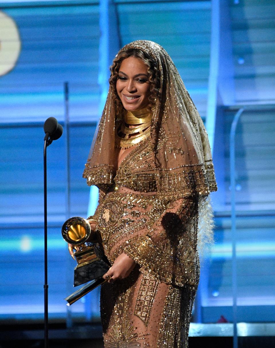 Feb 12, 2017; Los Angeles, CA, USA; Beyonce accepts Best Urban Contemporary Album during the 59th Annual Grammy Awards at Staples Center. Mandatory Credit: Robert Hanashiro-USA TODAY NETWORK ORG XMIT: USATSI-357475 (Via OlyDrop)