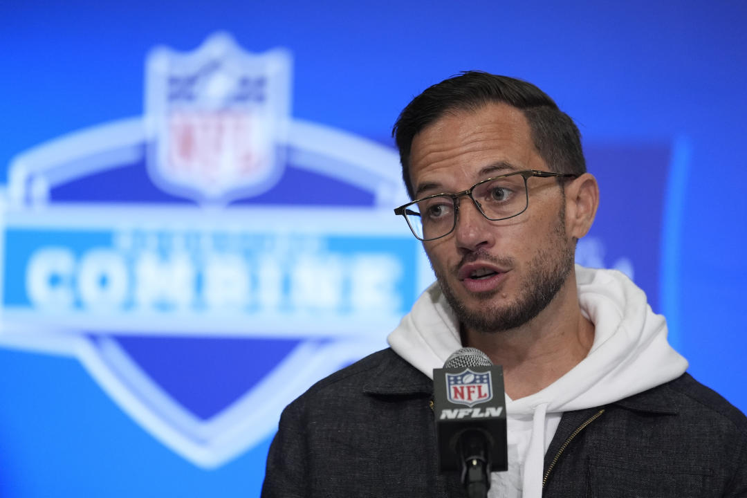 Miami Dolphins head coach Mike McDaniel speaks during a press conference at the NFL football scouting combine in Indianapolis, Tuesday, Feb. 27, 2024. (AP Photo/Michael Conroy)