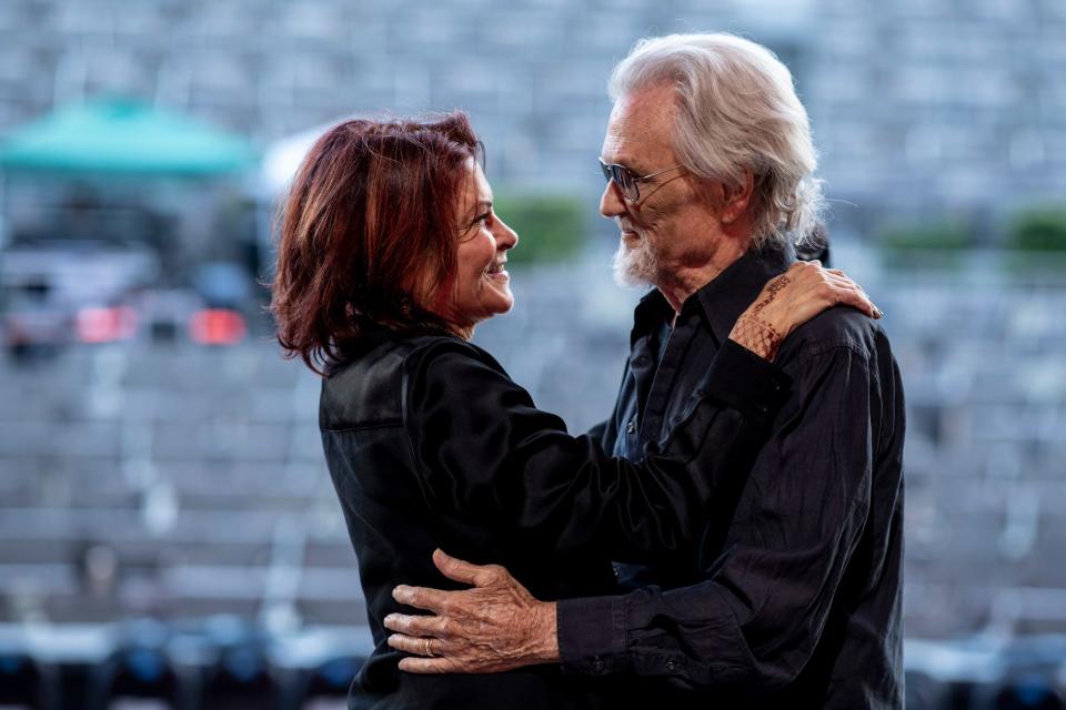 Rosanne Cash and Kris Kristofferson at the rehearsal for Long Story Short: Willie Nelson at 90 at the Hollywood Bowl.