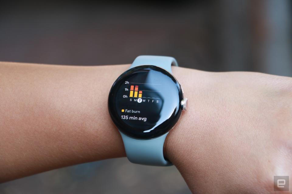 The Google Pixel Watch on a person's wrist showing a chart about time spent in various heart rate zones.