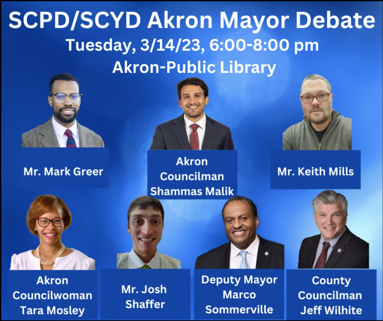 Akron mayoral candidate debate hosted by Summit County Progressive Democrats and Summit County Young Democrats.