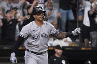 New York Yankees' Gleyber Torres reacts after striking out swinging during the eighth inning of a baseball game against the Chicago White Sox in Chicago, Saturday, May 14, 2022. (AP Photo/Nam Y. Huh)
