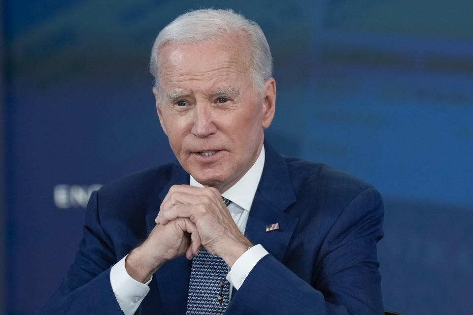 FILE - President Joe Biden speaks in the South Court Auditorium on the White House complex in Washington, June 15, 2023, to highlight his administration's push to end so-called junk fees that surprise customers. The White House is taking on “junk fees,” those extra charges tacked on to plane tickets, hotel rooms, hospital bills and housing costs. Now congressional Democrats are teaming up with the Biden administration and a progressive advocacy group to try to turn a policy initiative into a political rallying cry for next year’s election. (AP Photo/Susan Walsh, File)