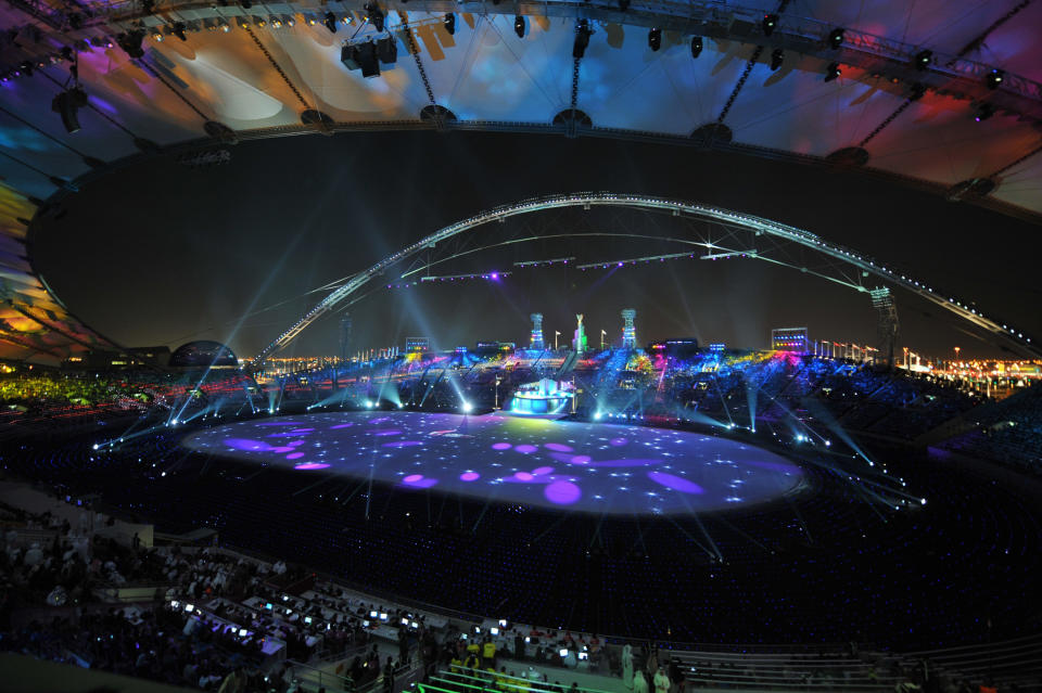 The Sheikh Khalifa stadium is colourfully lit during the opening ceremony of the pan-Arab Games at in the Qatari capital Doha on December 9, 2011. More than 5,000 Arab athletes are participating in the Arab games from December 9 to 24. AFP PHOTO/FAYEZ NURELDINE (Photo credit should read FAYEZ NURELDINE/AFP/Getty Images)