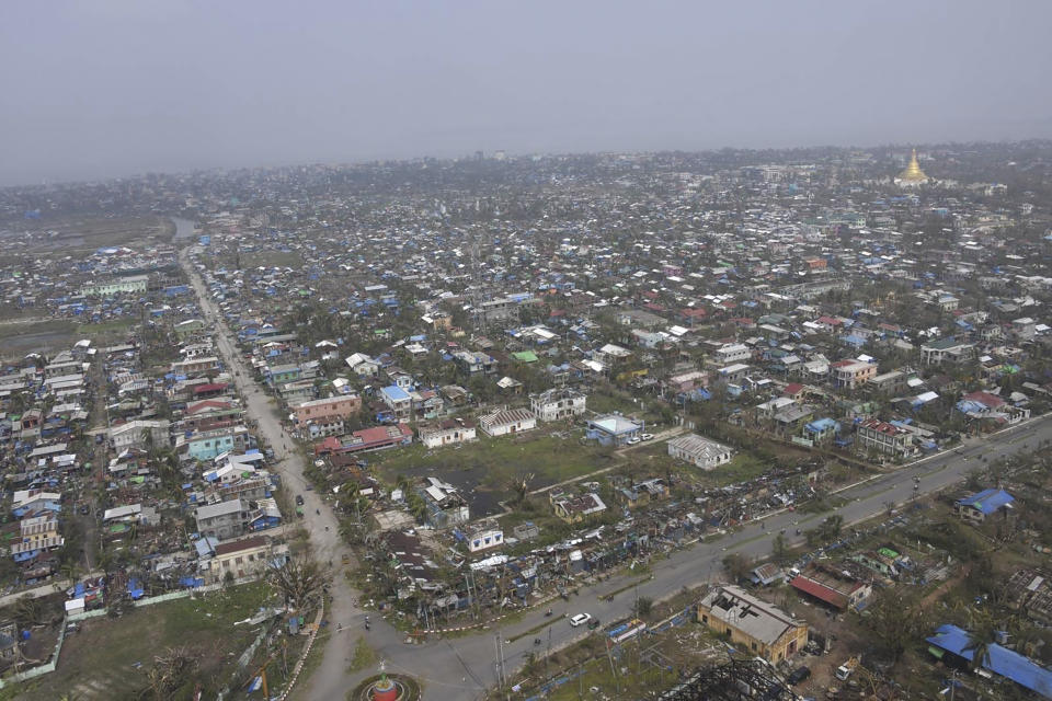 This photo provided by Myanmar Military True News Information Team on Monday, May 15, 2023, shows an aerial view of damage buildings after Cyclone Mocha in Sittwe township, Rakhine State, Myanmar. Myanmar’s military information office said the storm had damaged houses and electrical transformers in Sittwe, Kyaukpyu, and Gwa townships. (Military True News Information Team via AP)