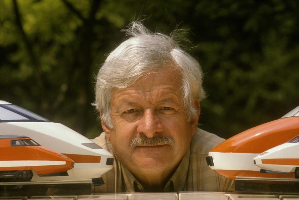 Cooper with models of the TGV's famous streamlined nose