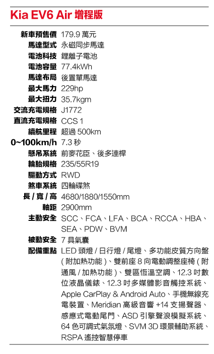 Kia EV6 Air增程版 規格表