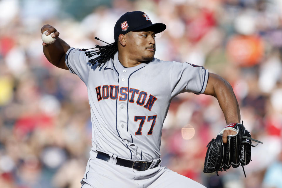 Houston Astros starting pitcher Luis Garcia delivers against the Cleveland Guardians during the second inning of a baseball game, Saturday, Aug. 6, 2022, in Cleveland. (AP Photo/Ron Schwane)