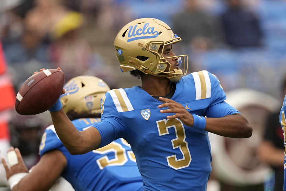 UCLA quarterback Dante Moore passes during the first half of an NCAA college football game against North Carolina Central Saturday, Sept. 16, 2023, in Pasadena, Calif. (AP Photo/Mark J. Terrill)