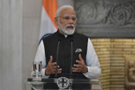 India's Prime Minister Narendra Modi speaks to the press after a meeting with his Greek counterpart Kyriakos Mitsotakis, at Maximos Mansion in Athens, Greece, Friday, Aug. 25, 2023. Modi's visit to Athens is especially significant for Greek foreign policy as it is the first official visit by an Indian prime minister to Greece in 40 years.