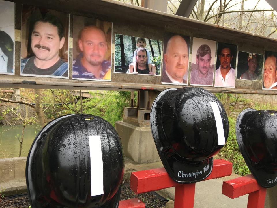 FILE - This April 25, 2018 file photo shows a memorial outside the Upper Big Branch mine to 29 men killed in a 2010 explosion near Montcoal, W.Va. A public service scheduled for Sunday, April 5, 2020, at a memorial in Whitesville, W.Va., on the 10-year anniversary of the disaster was canceled due to concerns over the coronavirus pandemic. (AP Photo/John Raby, File)