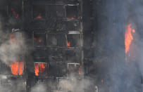<p>A view on the burningd Grenfell Tower, a 24-storey apartment block in North Kensington, London, Britain, June 14, 2017. According to the London Fire Brigade (LFB), 40 fire engines and 200 firefighters are working to put out the blaze. Residents in the tower were evacuated, a number of people were treated for a ‘range of injuries,’ and six people have died in a fire, Metropolitan Police said. The blaze broke out at around 1:00 am GMT. (Facundo Arrizabalaga/EPA) </p>