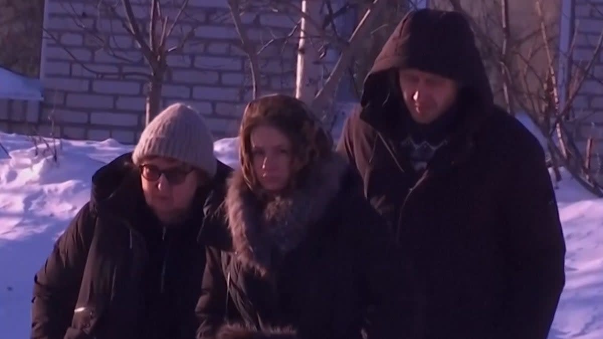 Alexei Navalny’s mother (left) is seen leaving the Russian penal colony where he died (AP)