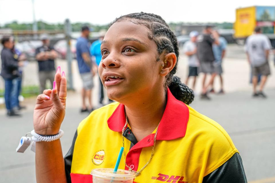 DHL driver Theresa Duarte on the picket line Tuesday.