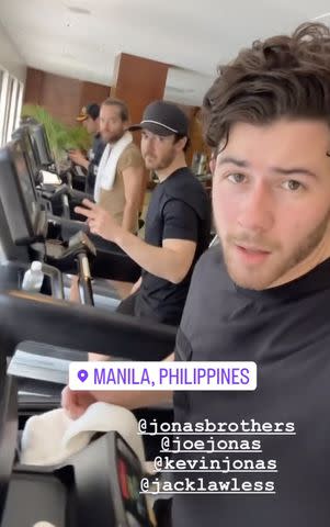 <p>Nick Jonas/Instagram</p> Nick Jonas, Kevin Jonas, Jack Lawless and Joe Jonas working out before their show in the Philippines