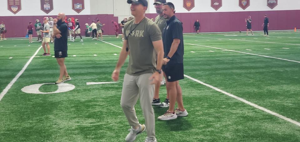 Florida State football head coach Mike Norvell observing practice as the Seminoles prepare for Clemson on Wednesday, Oct 2, 2024.