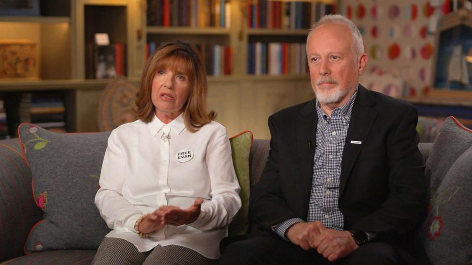 PHOTO: Ella Milman and Mikhail Gershkovich, parents of Wall Street Journal journalist Evan Gershkovich speak with ABC News, July 10, 2023. (ABC News)