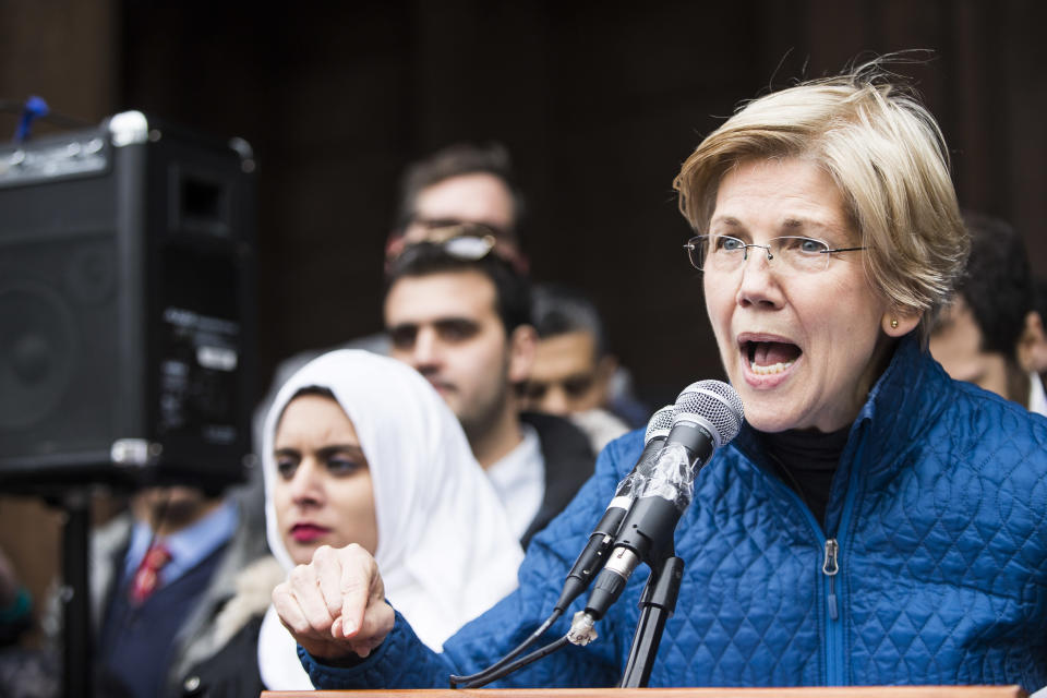 Senator Elizabeth Warren speaks during a protest in Copley Square in Boston.&nbsp;