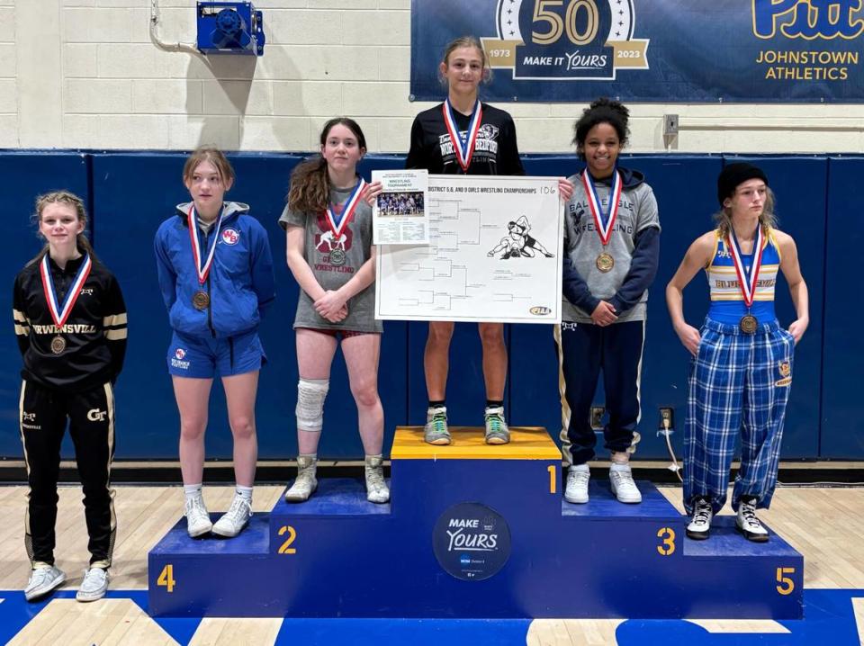State College’s Anna Lackey and Bald Eagle Area’s Eden Eveleth finished second and third, respectively, at 106 pounds in the first girls District 5/6/9 tournament on Saturday at the University of Pittsburgh-Johnstown.