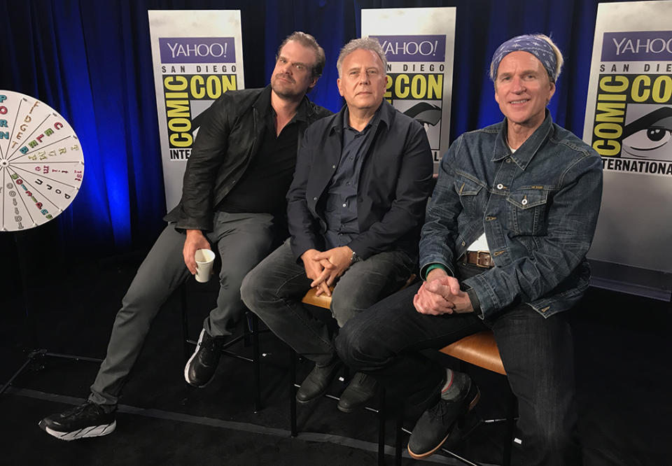 <p><i>Stranger Things</i> veterans David Harbour and Matthew Modine are joined by newcomer Paul Reiser (center) in Yahoo TV’s Comic-Con suite. While we already know Harbour and Modine as Police Chief Jim Hopper and mad scientist Martin Brenner, Reiser joins the Season 2 cast as Owens, a Department of Energy chief tasked with looking into the strange events of the first season.<br><br>(Photo: Giana Mucci/Yahoo) </p>