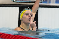 Kaylee Mckeown, of Australia, celebrates after wining the women's 200-meter backstroke final at the 2020 Summer Olympics, Saturday, July 31, 2021, in Tokyo, Japan. (AP Photo/Jae C. Hong)