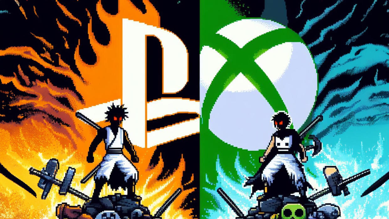  Xbox vs. PlayStation, pixel art. 