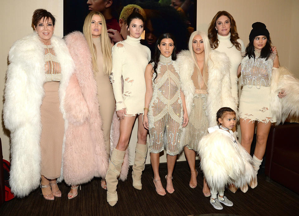 Khloe Kardashian, Kris Jenner, Kendall Jenner, Kourtney Kardashian, Kim Kardashian West, North West, Caitlyn Jenner and Kylie Jenner attend Kanye West Yeezy Season 3 at Madison Square Garden on Feb. 11, 2016 in New York City. (Kevin Mazur / Getty Images)