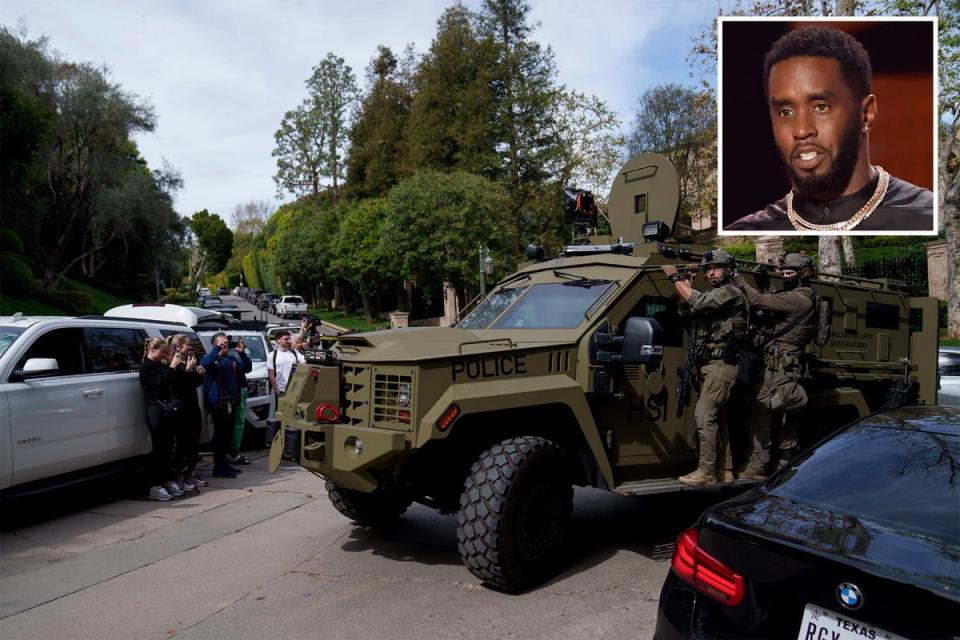 Law enforcement rides a vehicle near a property belonging to Sean “Diddy” Combs on Monday, March 25, 2024, in Los Angeles (AP/Getty)