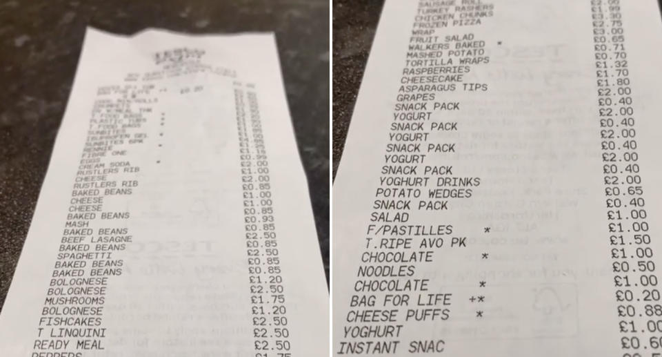 A long grocery receipt is pictured.