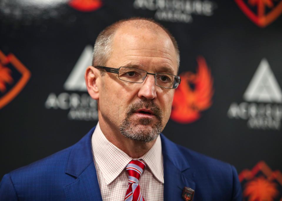 Coachella Valley head coach Dan Bylsma speaks during a media conference after their game at Acrisure Arena in Palm Desert, Calif., Wednesday, March 1, 2023. 