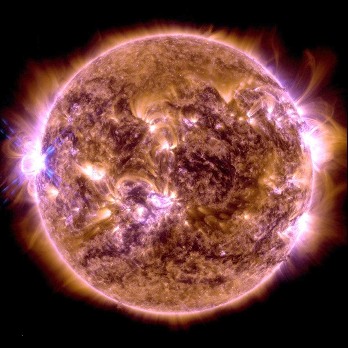NASA’s Solar Dynamics Observatory captured this image of a solar flare on New Year's Eve. The image shows a subset of extreme ultraviolet light that highlights the extremely hot material in flares, which is colorized in yellow and orange.