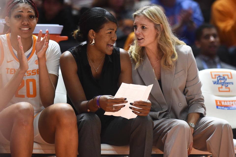 Tennessee Women's Basketball Coach Kellie Harper talks with Assistant Coach Joy McCorvey during the NCAA women's basketball game between the Tennessee Lady Vols and Georgia Stage Panthers in Knoxville, Tenn. on Sunday, December 12, 2021. 