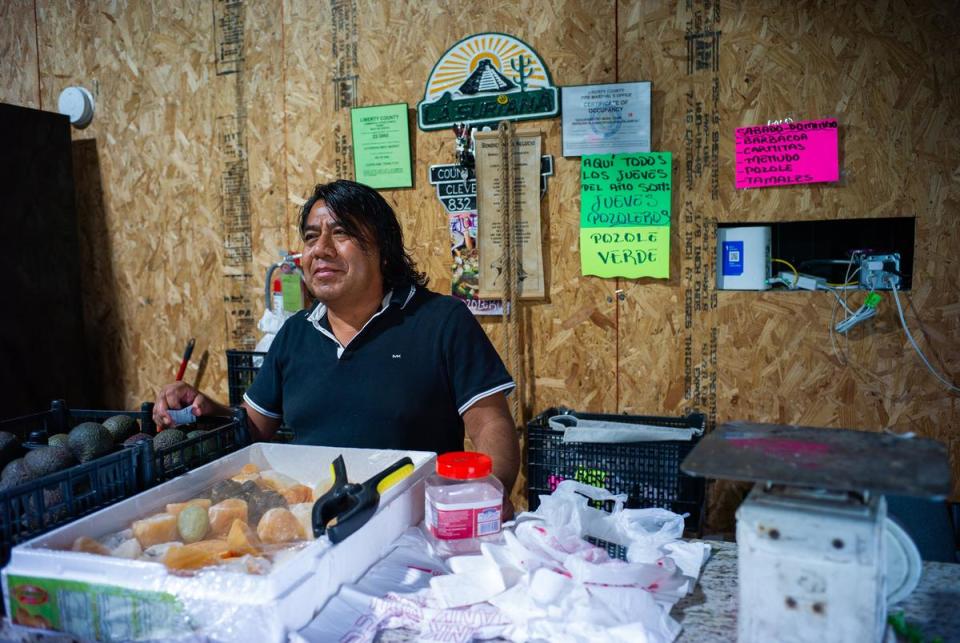 A Carrasco (cq), 52, stands at the counter inside of La Suriana Monday, Oct. 2, 2023, in New Caney. A Carrasco and his family’s business began as a traveling fruit stand and March of this year they received approval from the fire marshal’s office to operate from this shop.