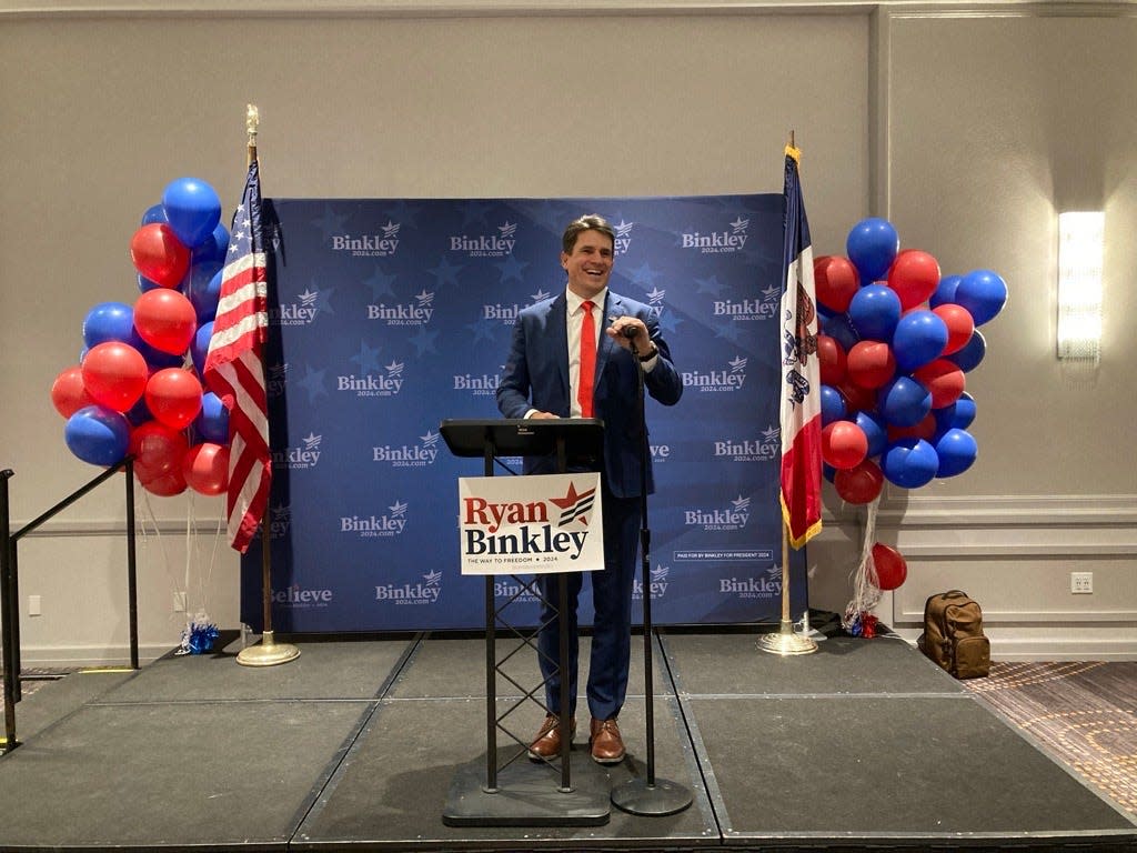 Ryan Binkley speaks at a campaign event after the Iowa Caucuses on Jan. 15, 2024, in Des Moines. Binkley said he is staying in the primary race and would travel on to New Hampshire and South Carolina.
