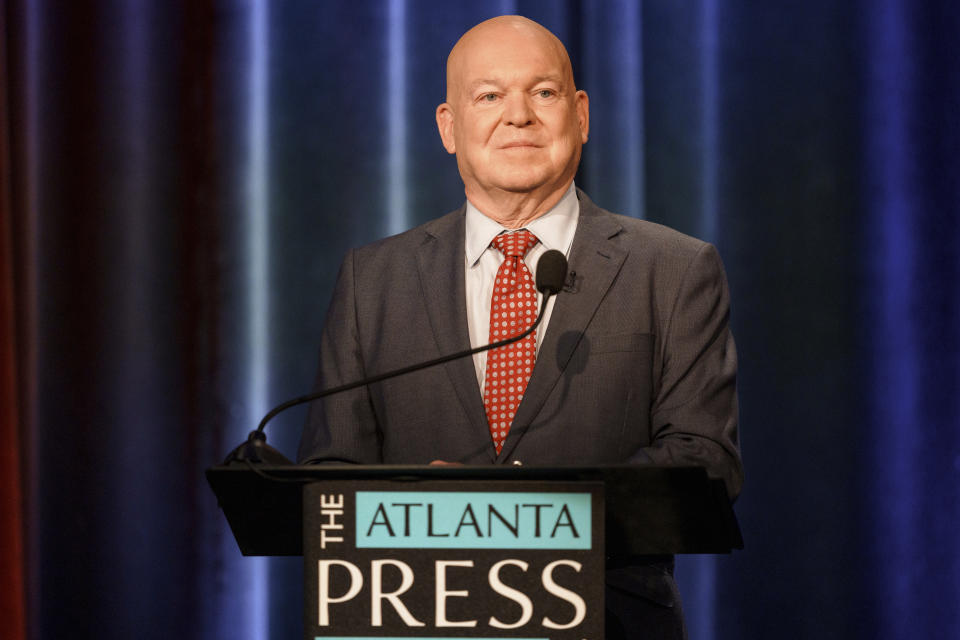 Mike Dugan listens at the Congressional District 3 (Republican) Debate during the Atlanta Press Club Loudermilk-Young Debate Series on Sunday, April 28, 2024, in Atlanta. (AP Photo/Jason Allen)