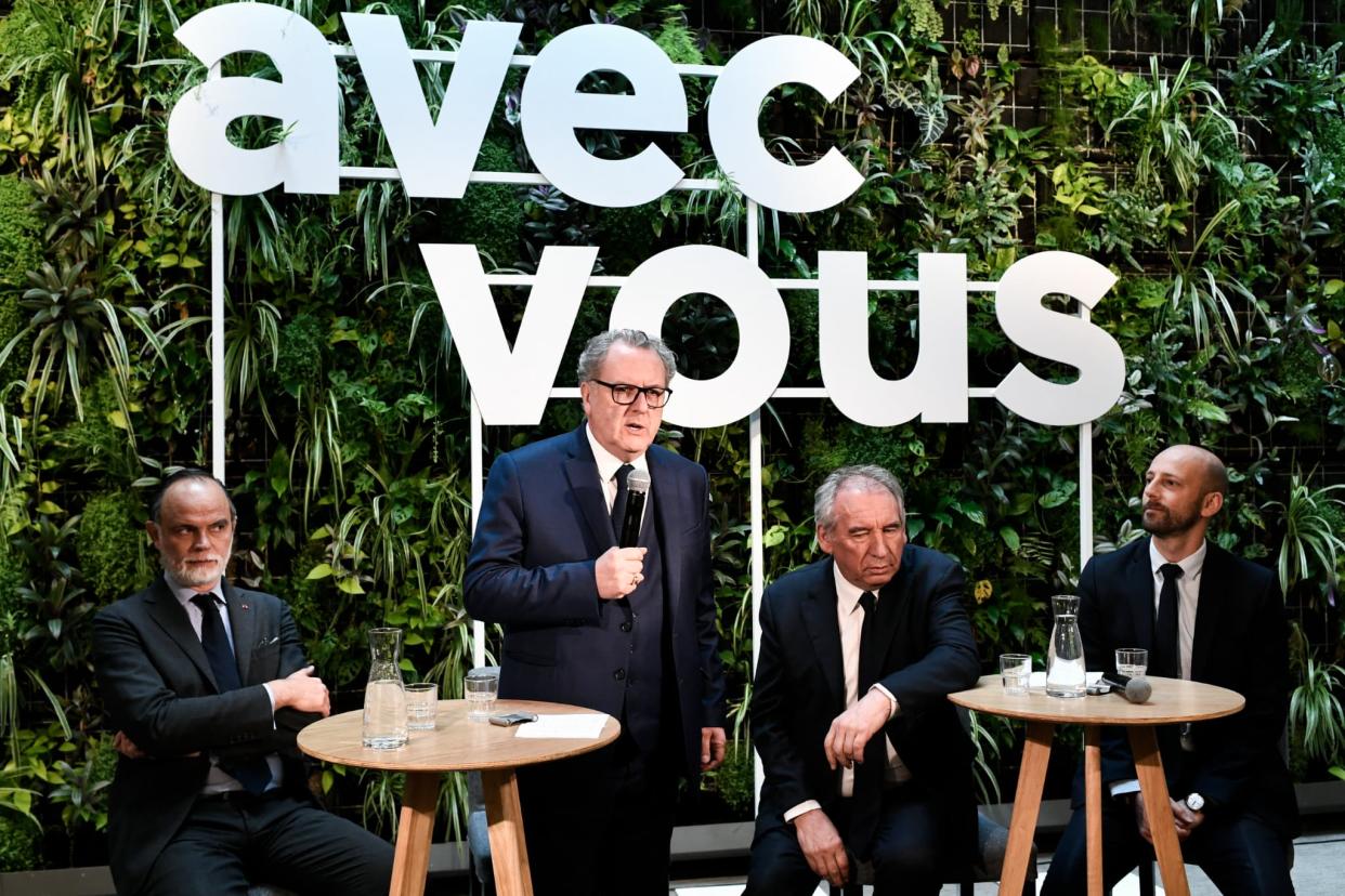Richard Ferrand entouré d'Edouard Philippe, François Bayrou et Stanislas Guérini, présentent le nouveau parti de la majorité 