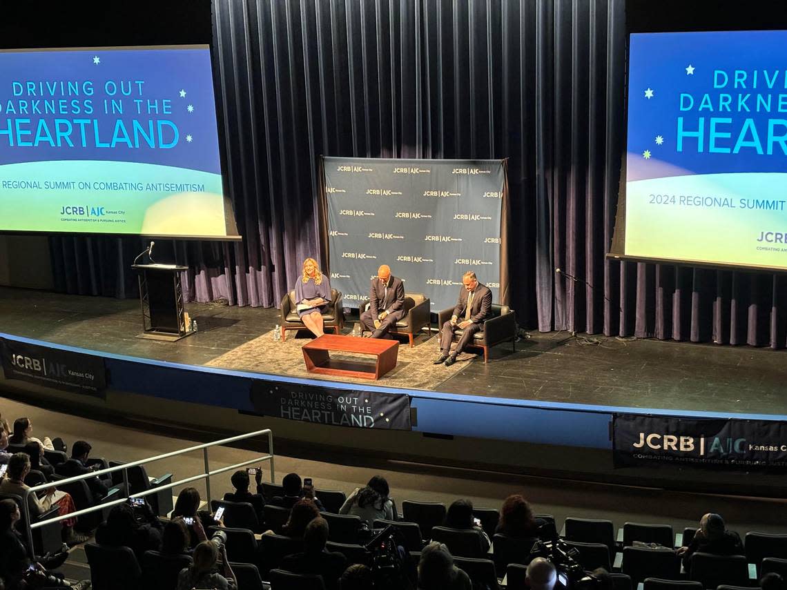 Second gentleman Doug Emhoff, right, spoke at a conference in Kansas City on fighting antisemitism.