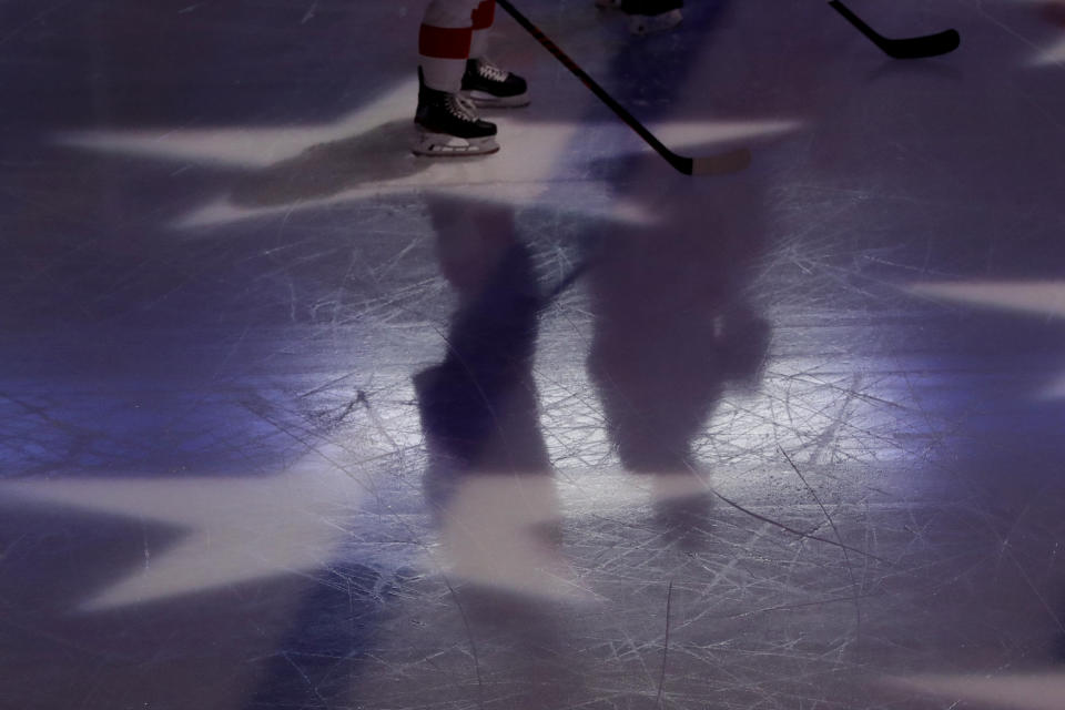 Detroit Red Wings' Dylan Larkin, left, and Brian Lashoff stand on the ice for the singing of the national anthem before an NHL hockey game against the Chicago Blackhawks in Chicago, Sunday, Jan. 5, 2020. (AP Photo/Nam Y. Huh)