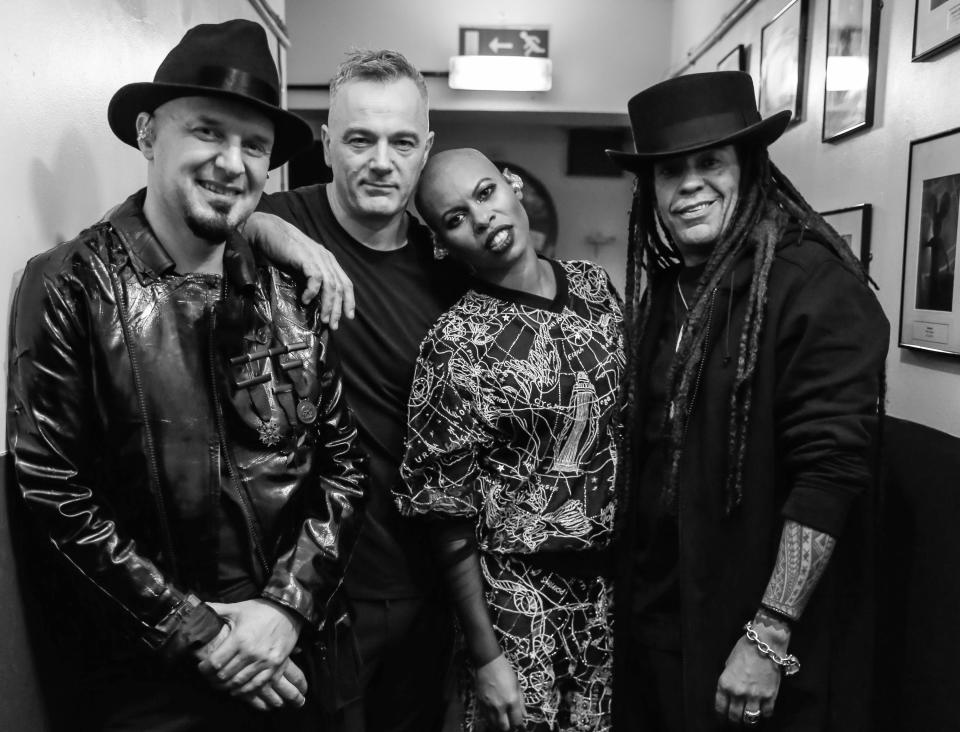 LONDON, ENGLAND - FEBRUARY 4: Martin Kent, Mark Richardson, Skin and Richard Lewis of Skunk Anansie, group portrait, backstage at Brixton O2 Academy on 4 February 2017 in London, England.  (Photo by Christie Goodwin/Redferns via Getty Images)