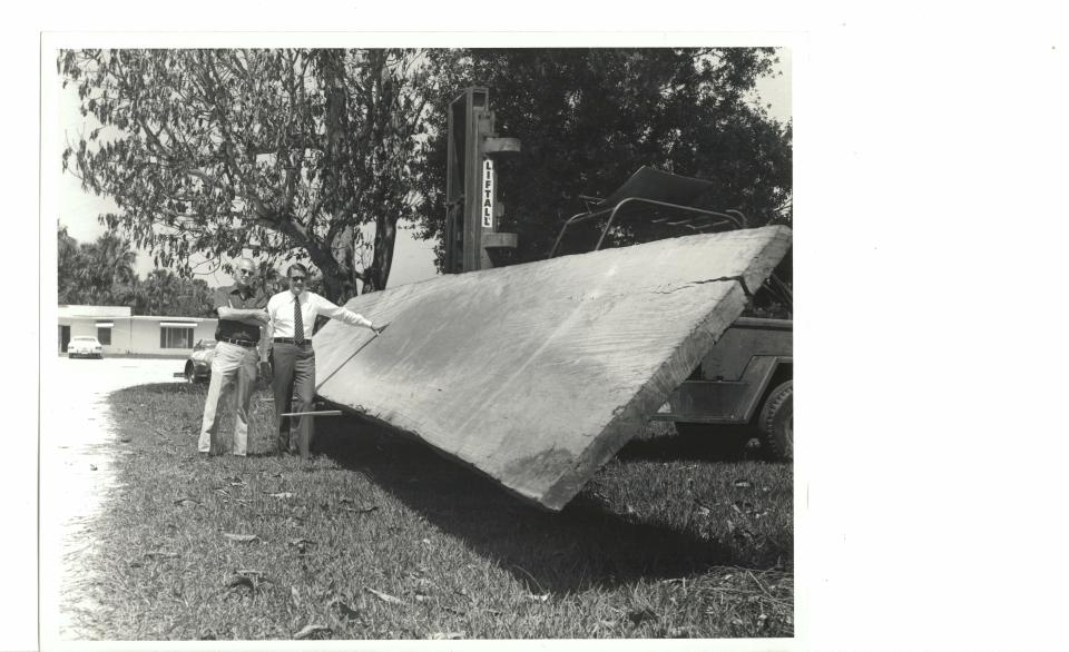 Arthur McKee Semon (left) with Peter O’Malley, president of the Los Angeles Dodgers from 1970 to 1998, in 1976 when O’Malley purchased the unique mahogany table that is 35-feet long, 5-foot wide, and 4 inches thick. The world’s largest one-piece mahogany table sits in the Hall of Giants in what is now McKee Botanical Garden, Vero Beach. O’Malley donated the table to the garden in 2022.