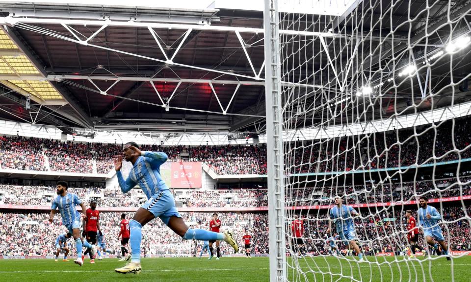 <span>Coventry City’s Haji Wright celebrates scoring his team’s equaliser in stoppage time.</span><span>Photograph: Mike Hewitt/Getty Images</span>