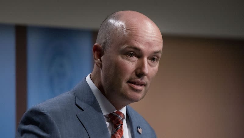 Gov. Spencer Cox speaks during the PBS Utah Governor’s Monthly News Conference at the Eccles Broadcast Center in Salt Lake City on Aug. 17, 2023. Cox is chairman of the National Governors Association and is promoting civility in politics.