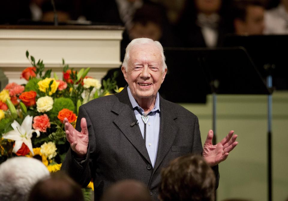 Former President Jimmy Carter teaches Sunday School class at the Maranatha Baptist Church in his hometown on Aug. 23, 2015, in Plains, Ga. (AP Photo/David Goldman)