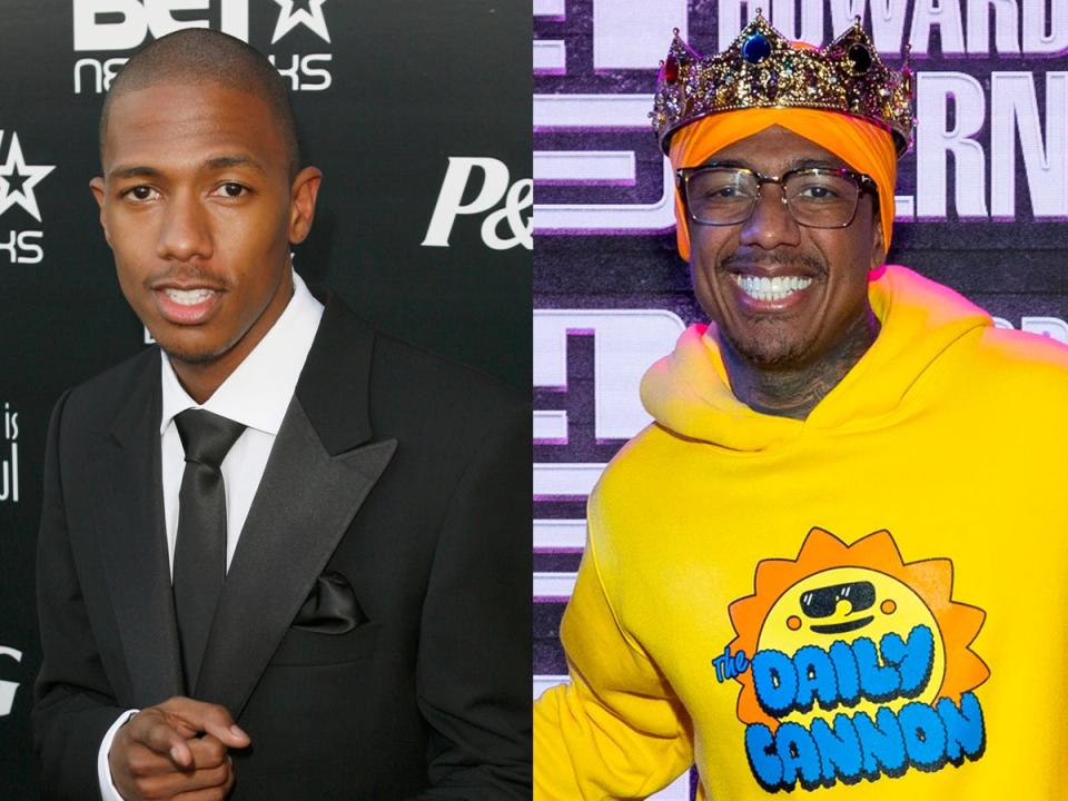 Nick Cannon on a red carpet in 2008 and on a red carpet in 2023.