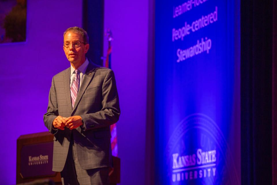 K-State chief of staff Marshall Stewart delivers remarks as he hosts the 2023 State of the University.