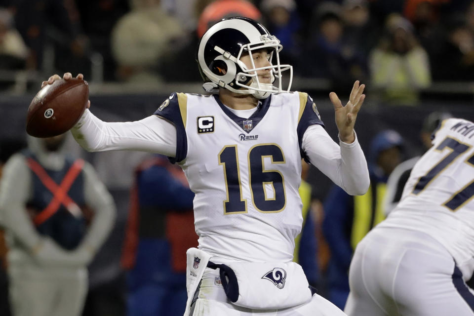 Los Angeles Rams quarterback Jared Goff (16) throws a pass during the first half of an NFL football game against the Chicago Bears Sunday, Dec. 9, 2018, in Chicago. (AP Photo/Nam Y. Huh)